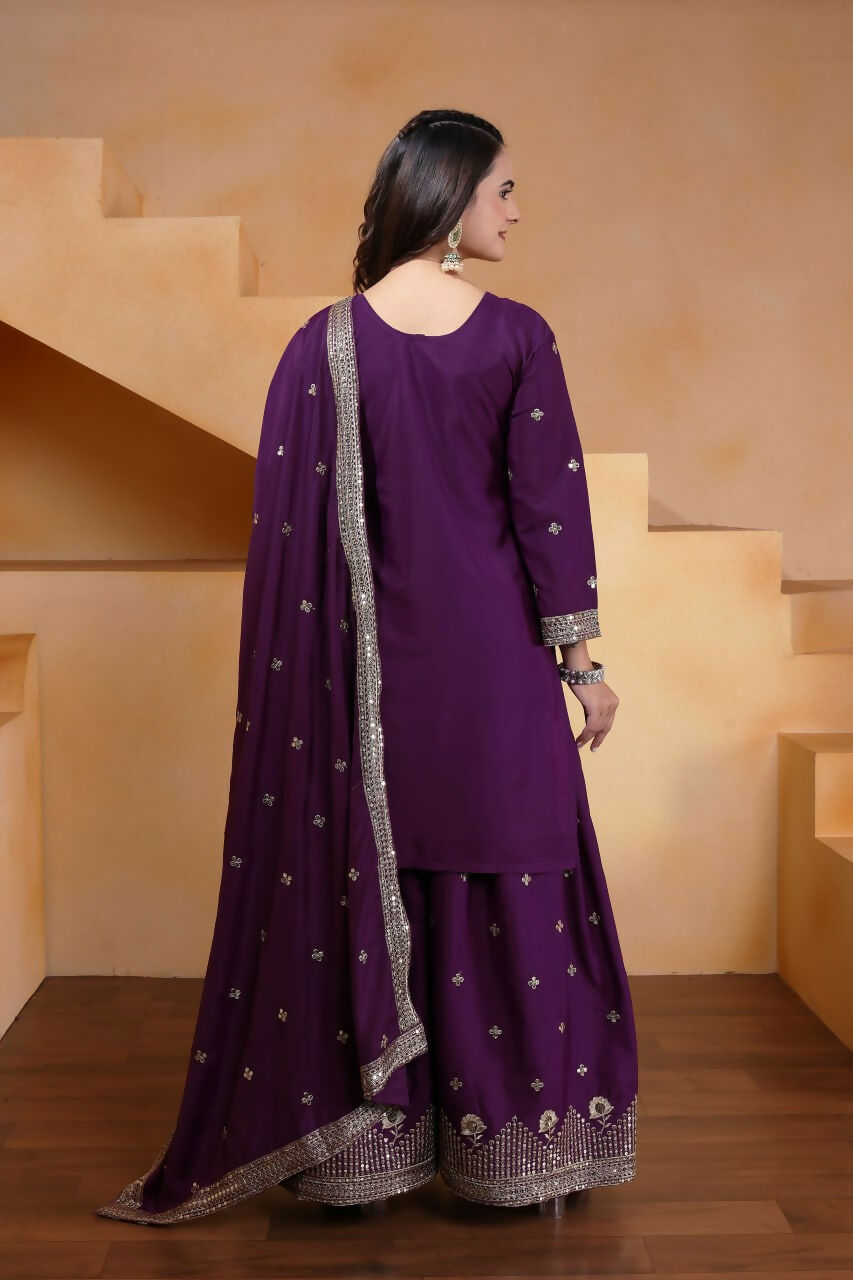 Wine Crepe Embroidered Sharara Set for Formal Ethnic Style