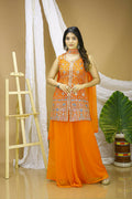 Vibrant orange embroidered georgette sharara set for festive occasions.
