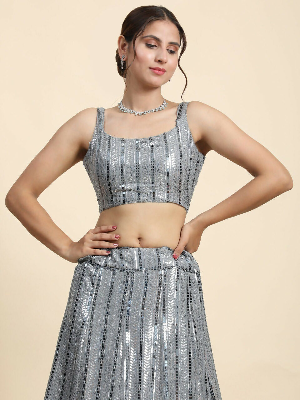 Classy Grey Faux Georgette Sequins Embroidery Lehenga Choli