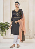 Black pure viscose knee-length straight kurta with intricate weaving stripes and embroidery