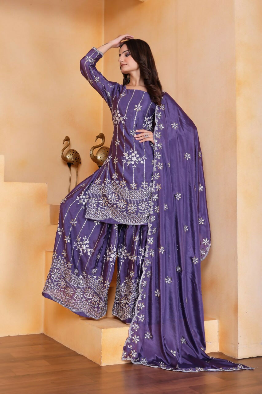 Purple Silk Embroidered Sharara Set for Traditional Events