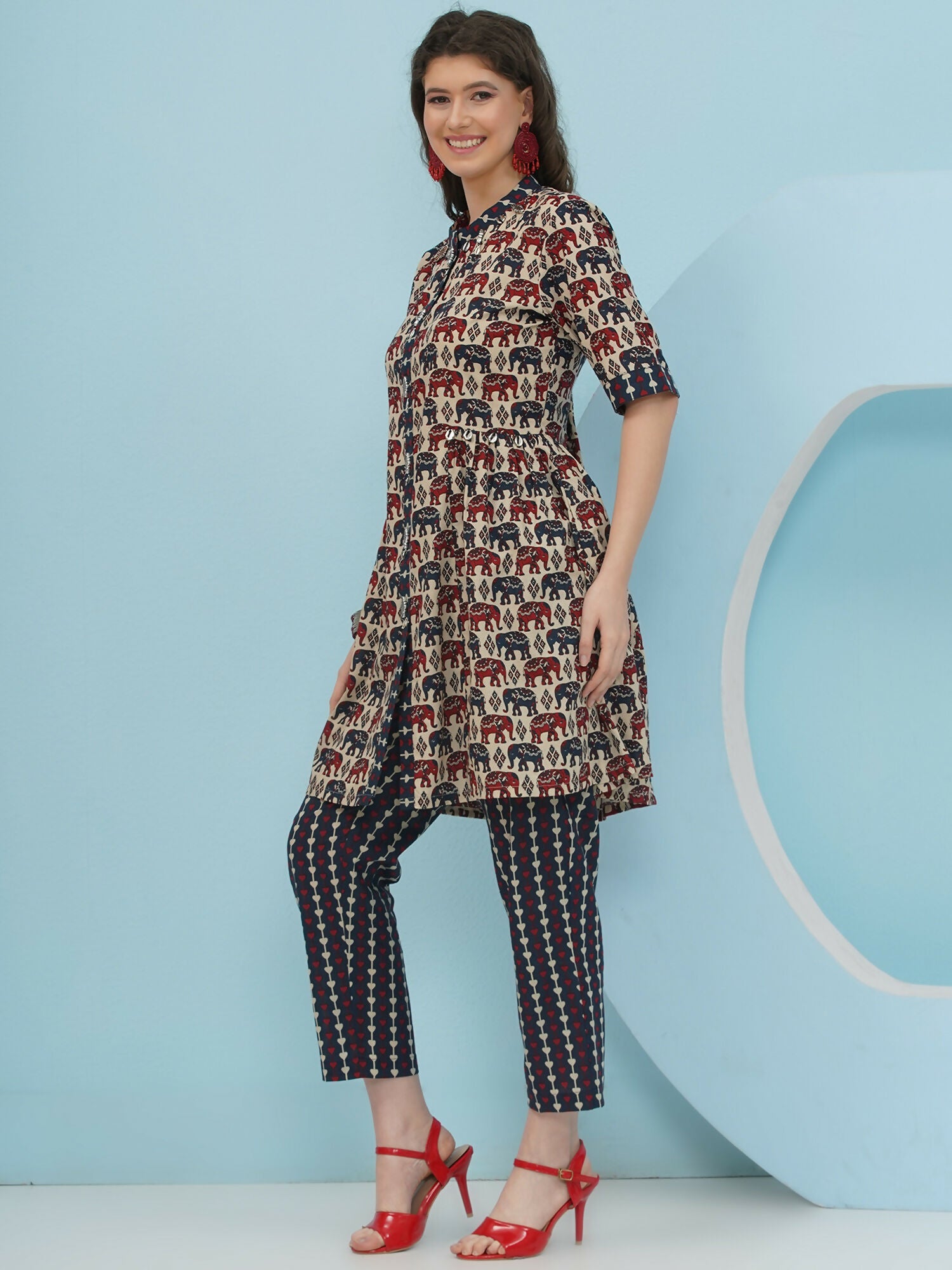 Beige Elephant Printed Cotton Co-Ord Set for Women