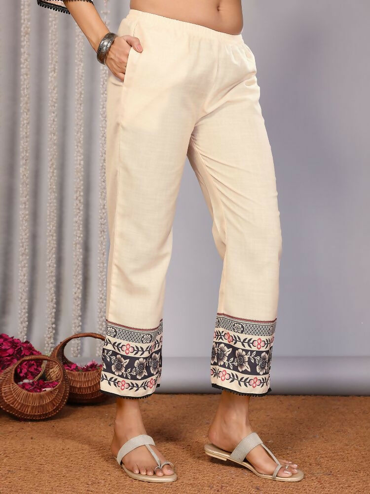 Cream Linen Printed Kurta Set with Notch Neck
