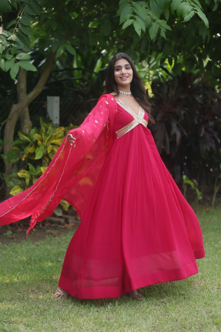Rani Pink Faux Blooming Sequins Zari Embroidered Anarkali Dress