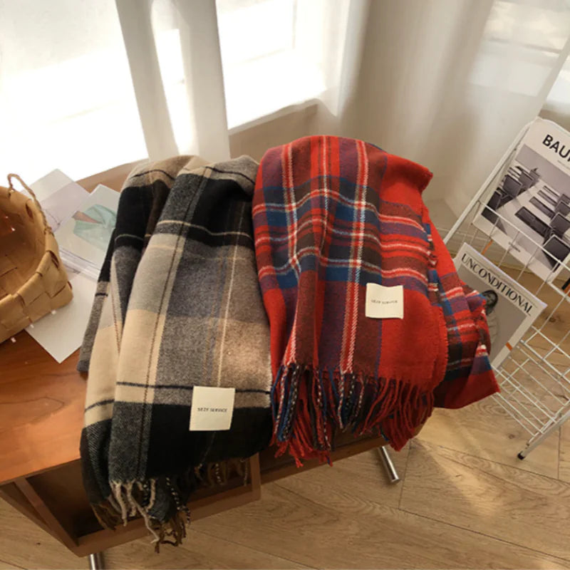 Women's Retro Plaid Tassel Scarf for Warm Winter Style - Image 9