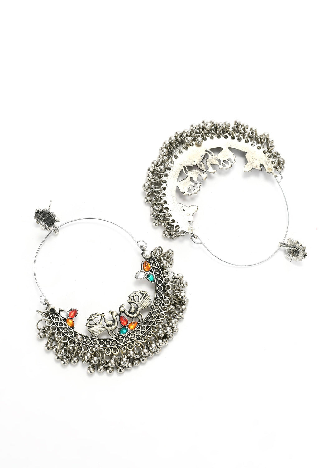 Peacock Design Chandbali Earrings in Silver and Multicolor