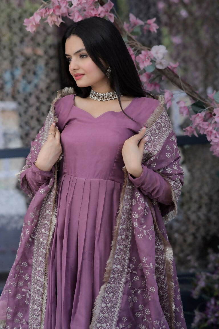 Onion Pink Tabby Silk A-Line Kurta Set with Plazo and Dupatta
