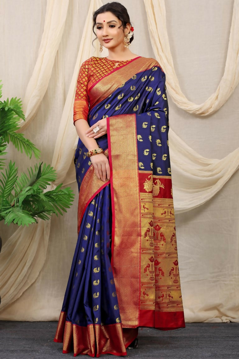 Navy Blue Banarasi Silk saree with gold zari weaving and contrasting red blouse piece