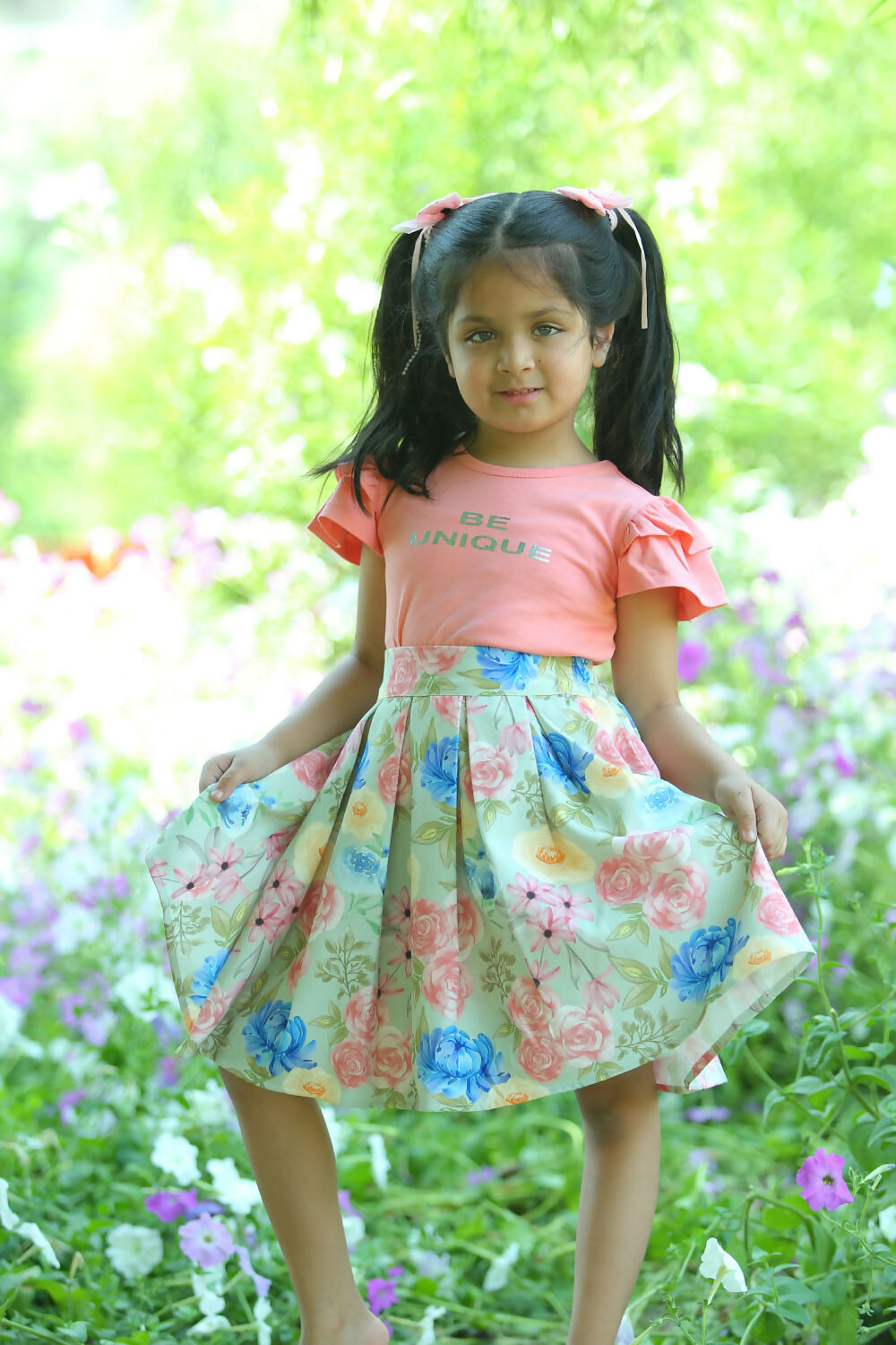 Girls Pink Printed Tee & Flared Skirt Set - Cotton Co-ord Outfit