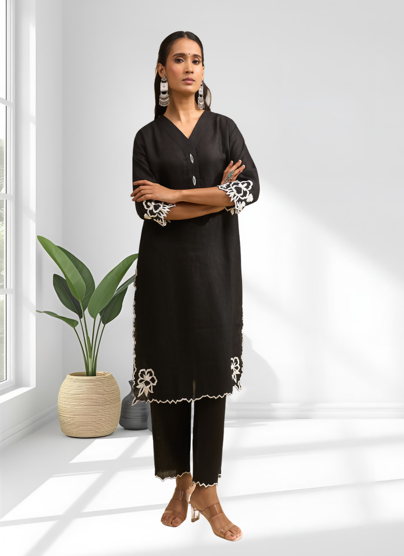 Black Embroidered Linen Long Kurta Set with Matching Pant
