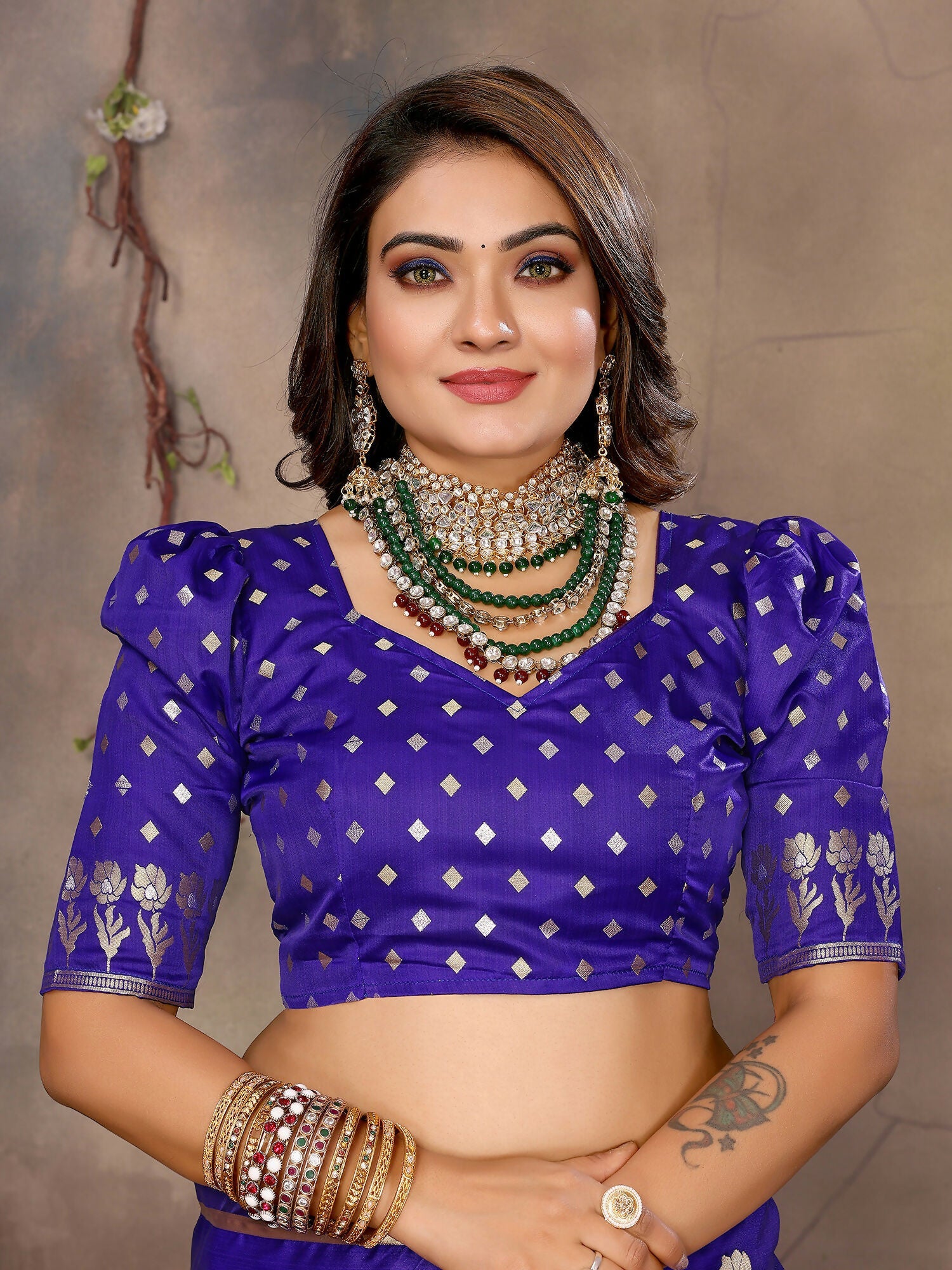 Indigo Blue Satin Silk Banarasi Saree with Floral Botanical Motifs