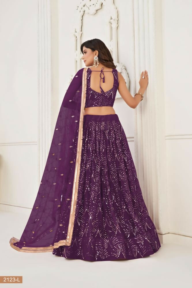 Wine Butterfly Net Lehenga with Mirror and Sequence Embroidery