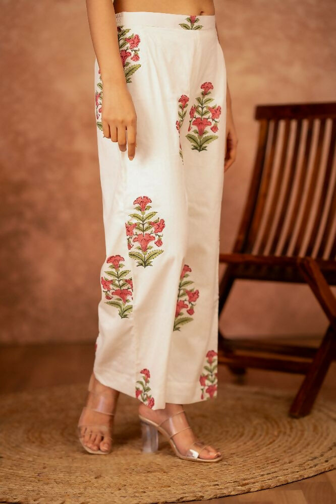Off White and Pink Hand Block Printed Cotton Suit Set