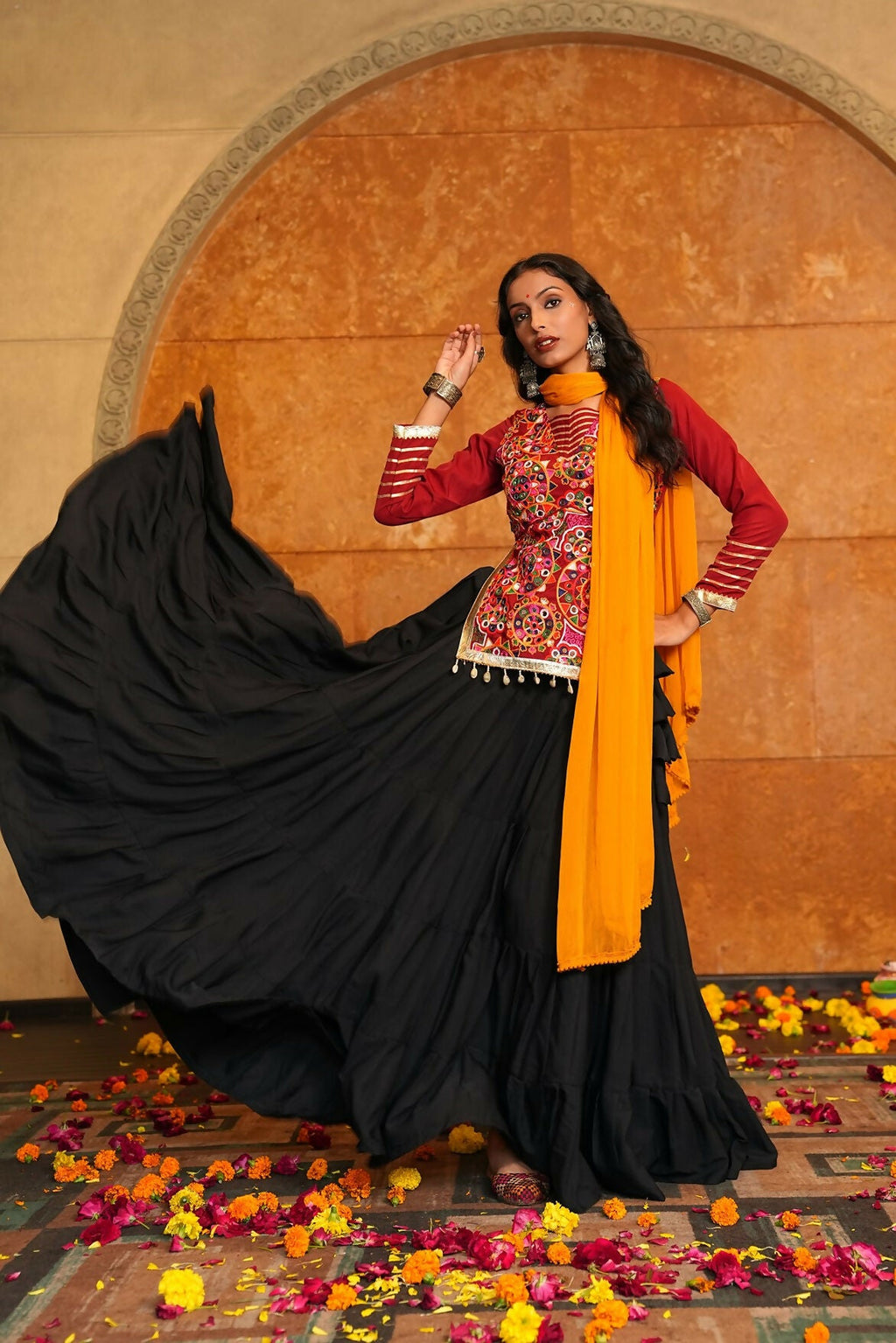 Black Crepe Designer Navratri Lehenga Choli with Red & Yellow