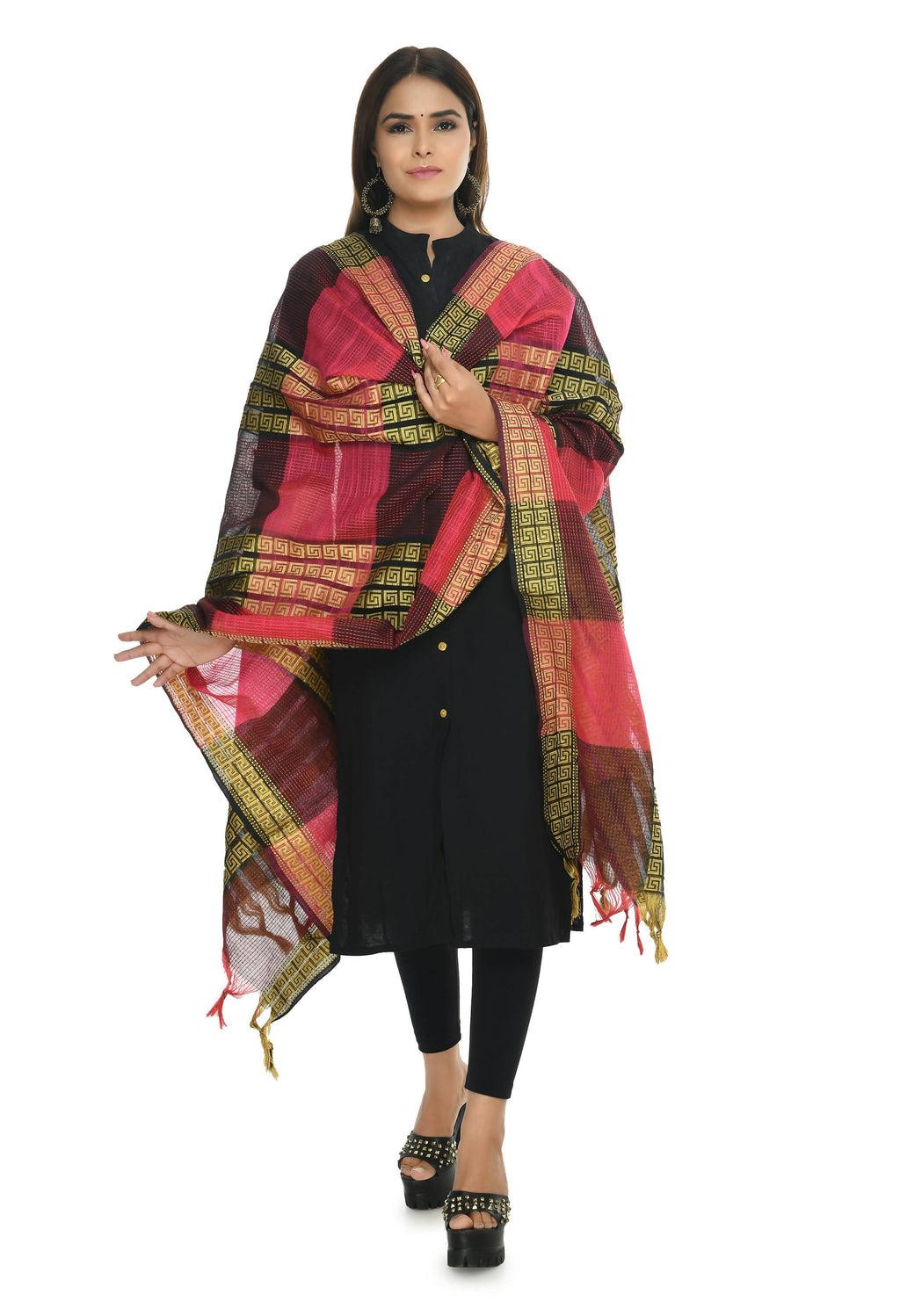 A vibrant Rani Tone handloom cotton dupatta with geometric patterns draped elegantly.