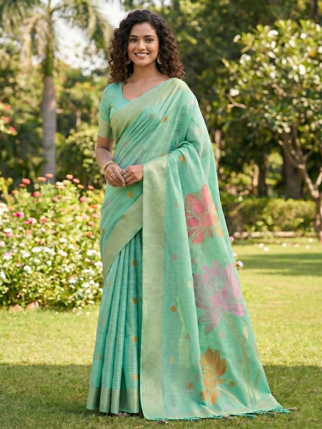 Shree Shyam Fashion Sea Green Linen Cotton saree with matching blouse piece
