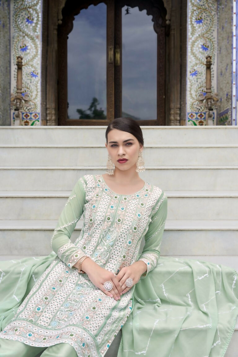 Sea Green Faux Georgette Embroidered Kurta Set with Moti Work