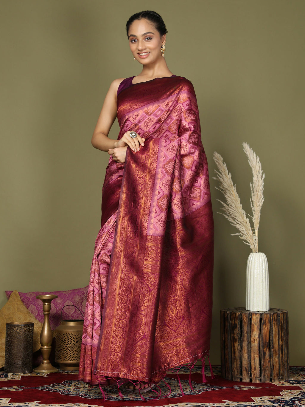 Light Pink Lichi Silk Saree with Magenta Blouse