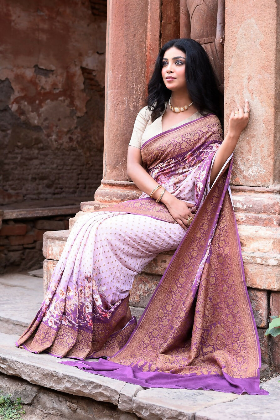 Dark and Light Lilac Crepe Chiffon Banarasi Silk Saree