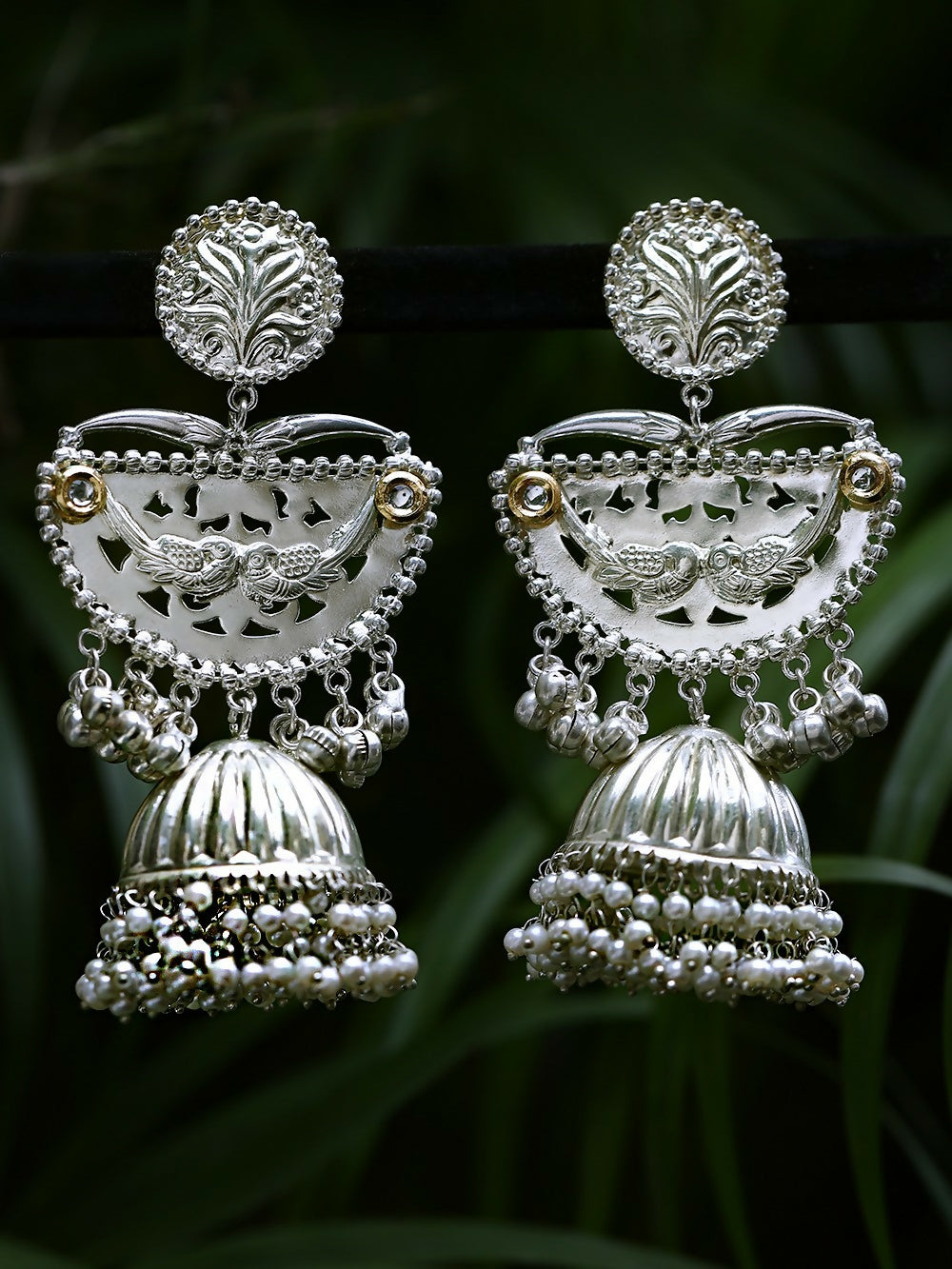 Silver Tone Ghungroo Jhumka Earrings with Sparking Stones