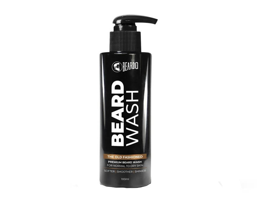 A 100ml black bottle of The Old Fashioned Premium Beard Wash by Beardo.