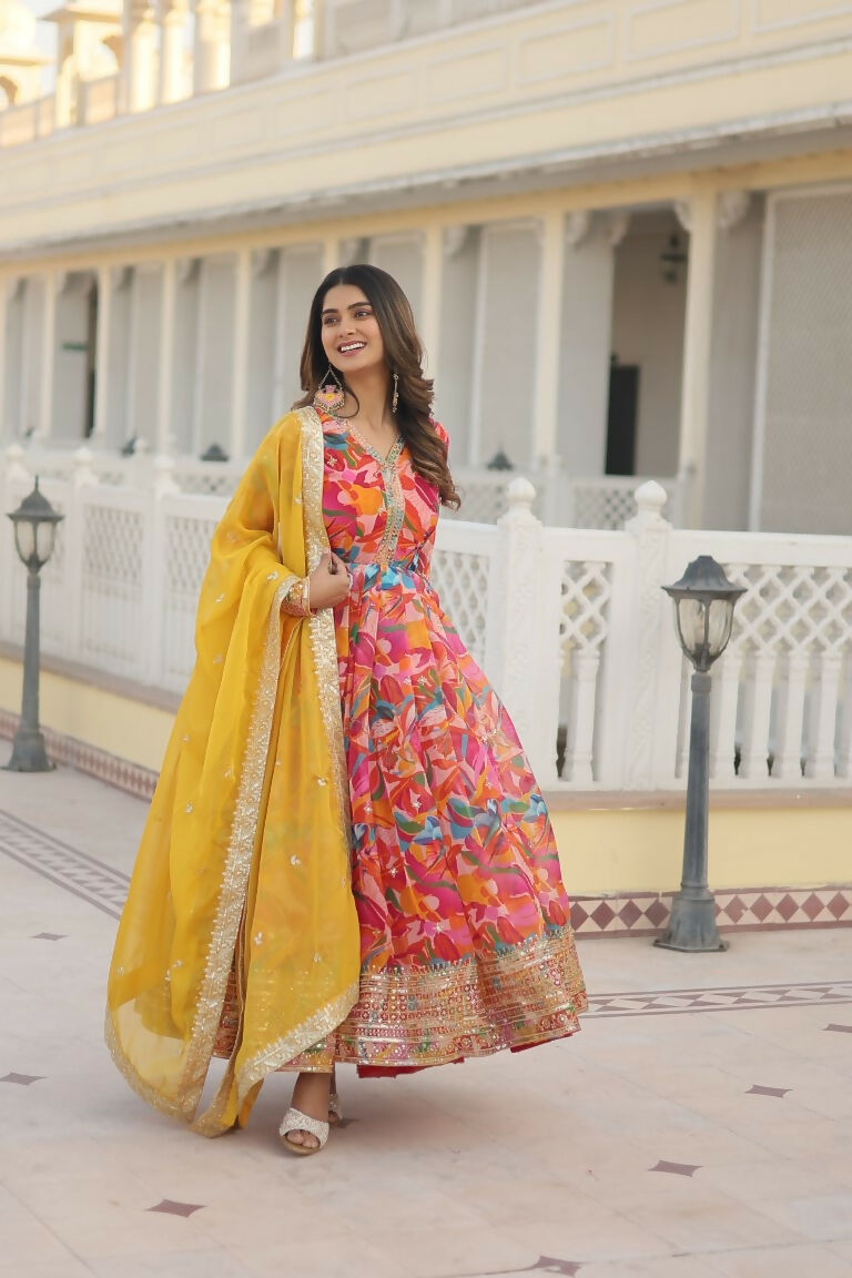 Pink Russian Silk Sequins Zari Embroidered Anarkali Dress