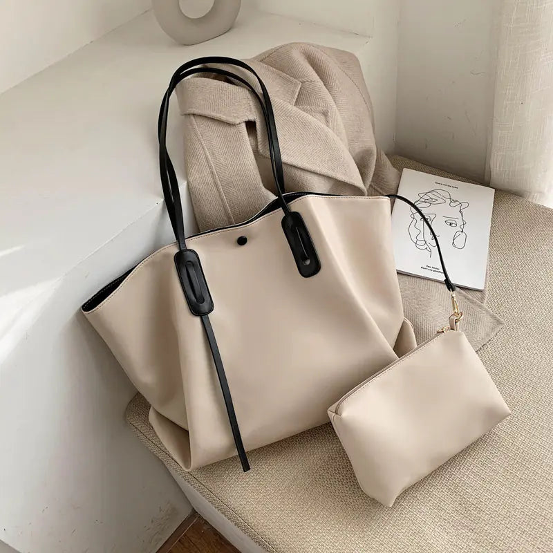 Women's Large PU Leather Shoulder Bag With Matching Pouch - Image 3