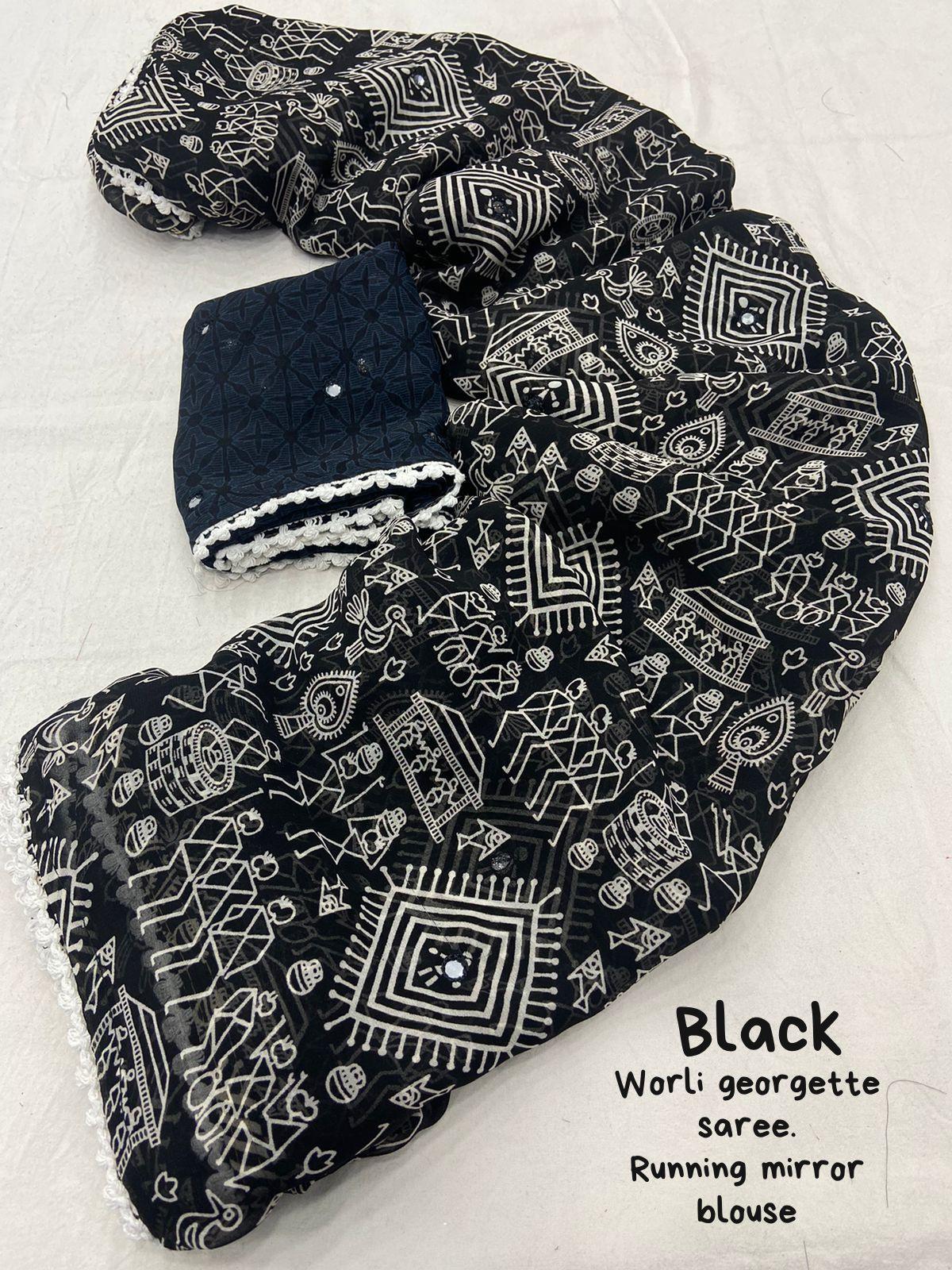 Black Poly Georgette Saree with Aari Mirror Work