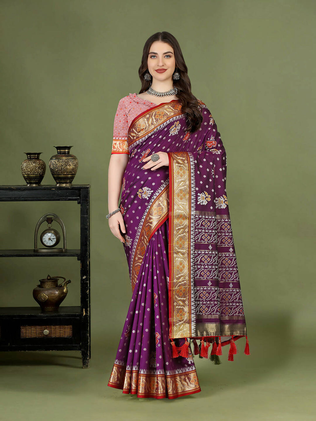 Purple Patola silk saree with gold zari meenakari weaving and matching silk blouse