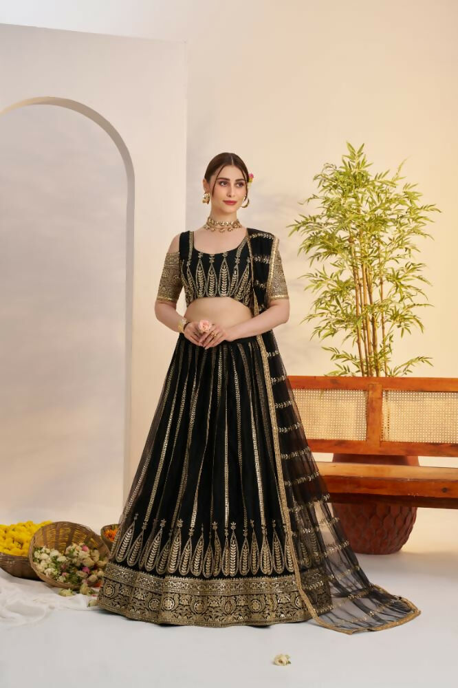 Black Butterfly Net Lehenga with Zari and Cotton Thread Work