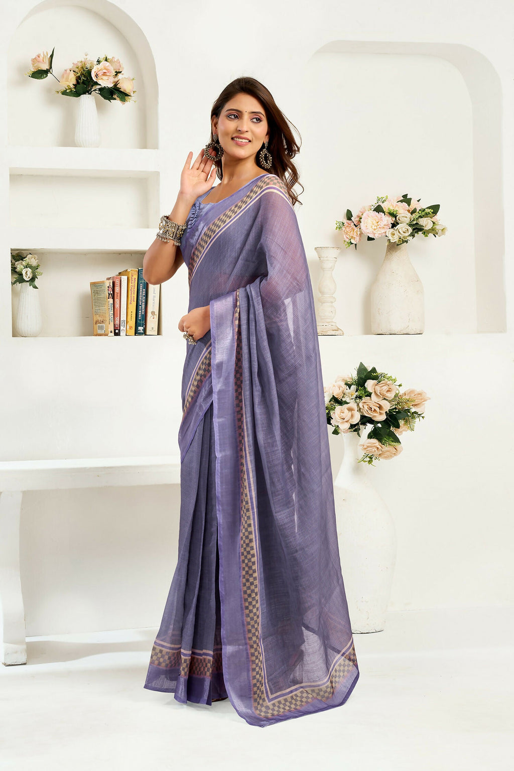 Lavender Striped Linen Ready-to-Wear Saree with Unstitched Blouse