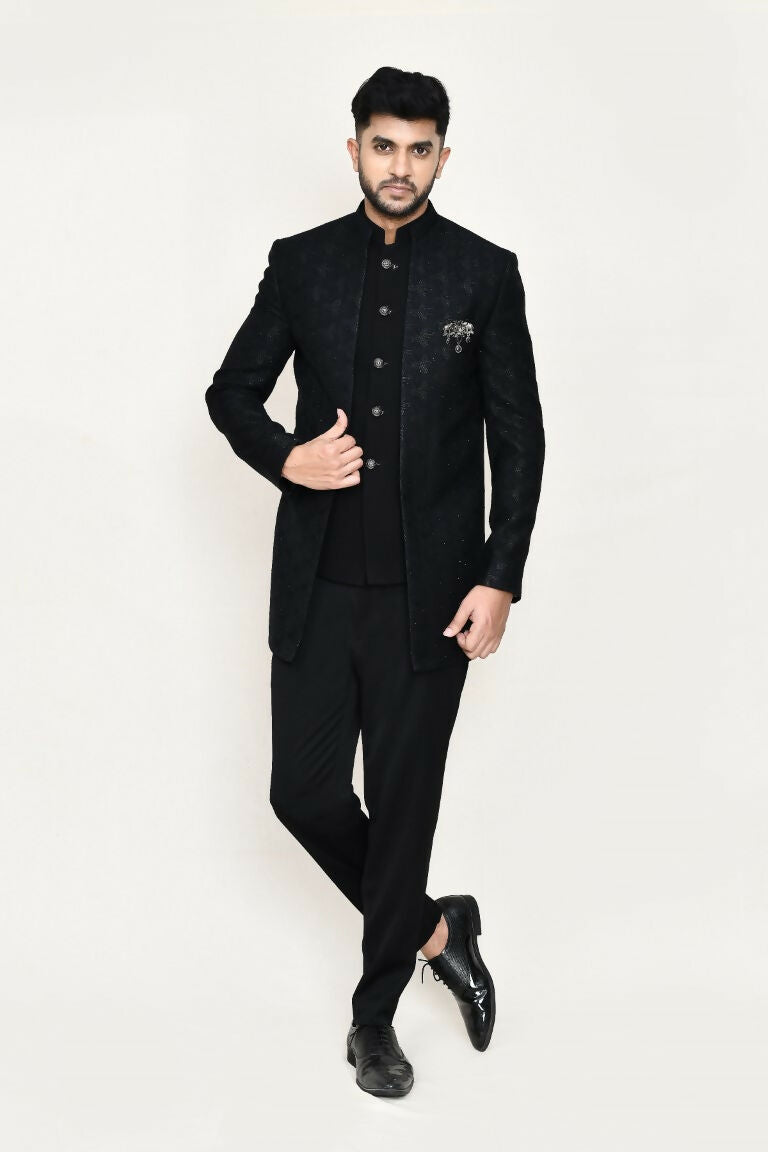 Black Imported Jacquard Prince Coat and Pant Set
