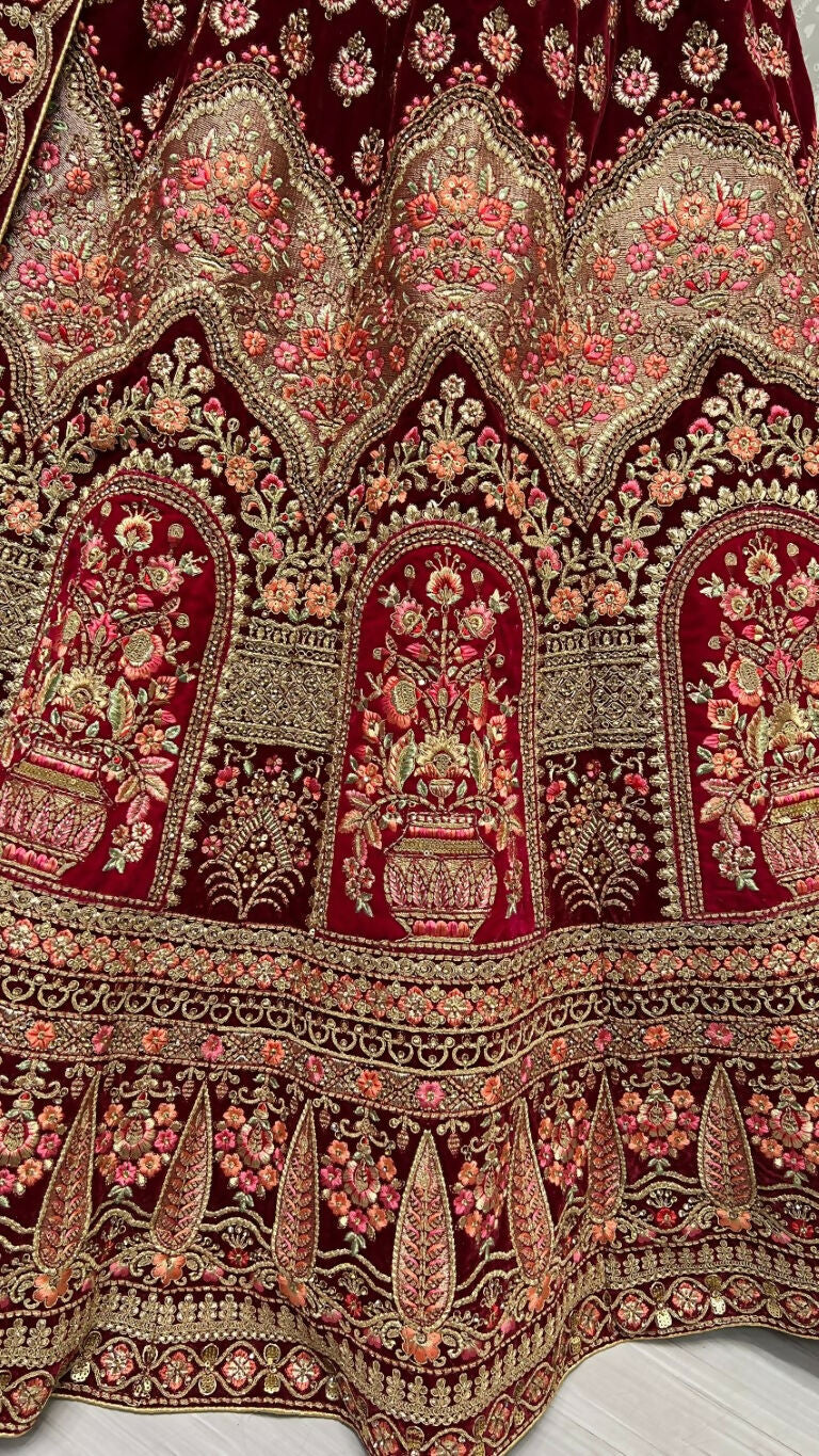 Maroon Velvet Embroidered Wedding Lehenga Choli with Zircon