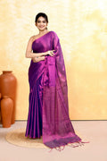 Woman wearing a violet dual tone organic tissue saree with matching blouse piece