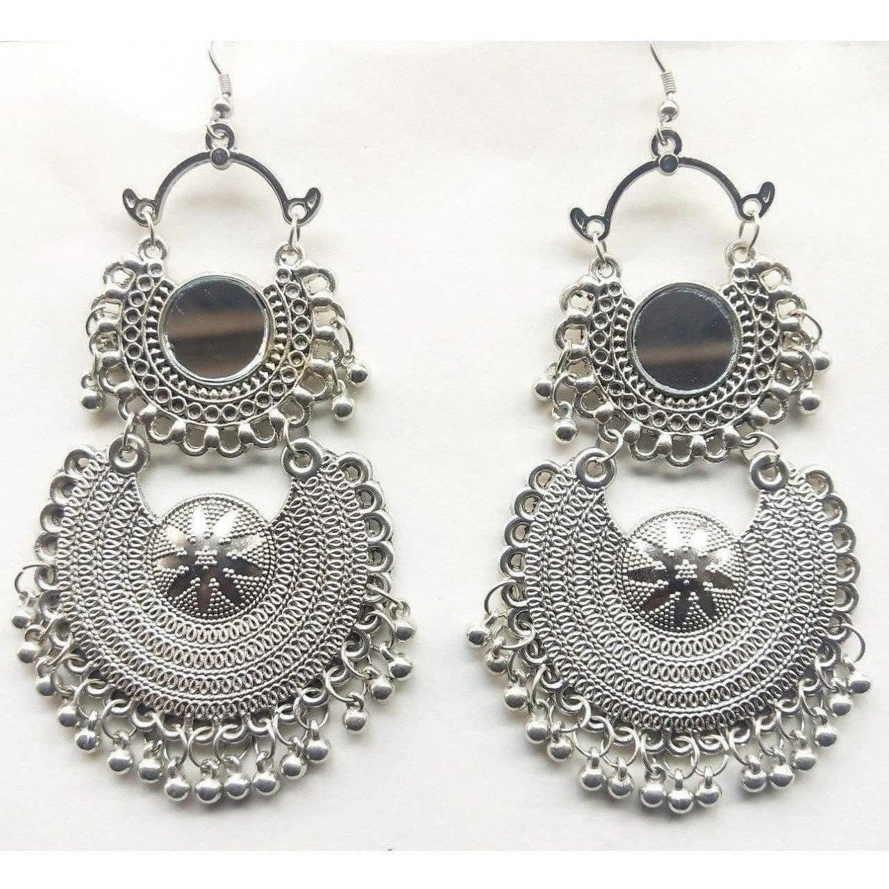 Modern double chandbali earrings in oxidized silver finish