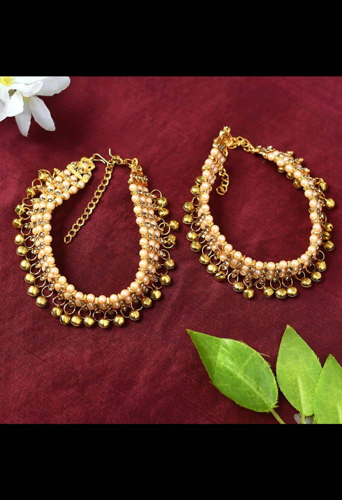 Gold-Polished Pearl Anklets with Muvvas for Women