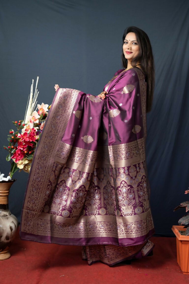 Wine Paithani Silk Saree with Zari Woven Border and Blouse