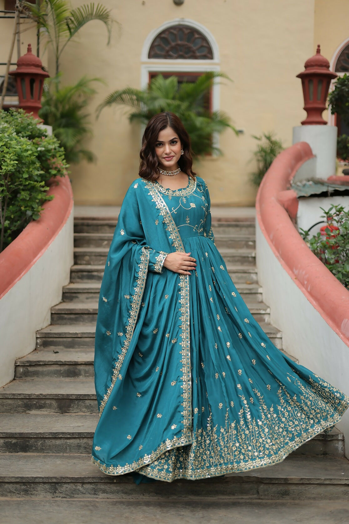 Joban Fashion Blue Chinon Sequence Embroidery Work Kurta Set