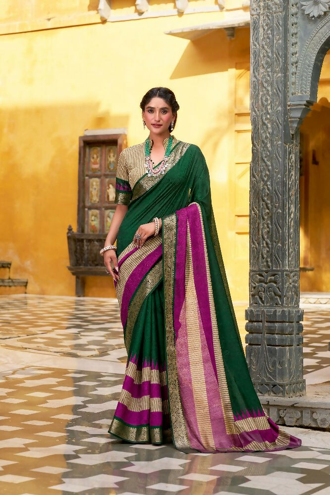 Green Poly Cotton printed saree with metallic Zari weaving work