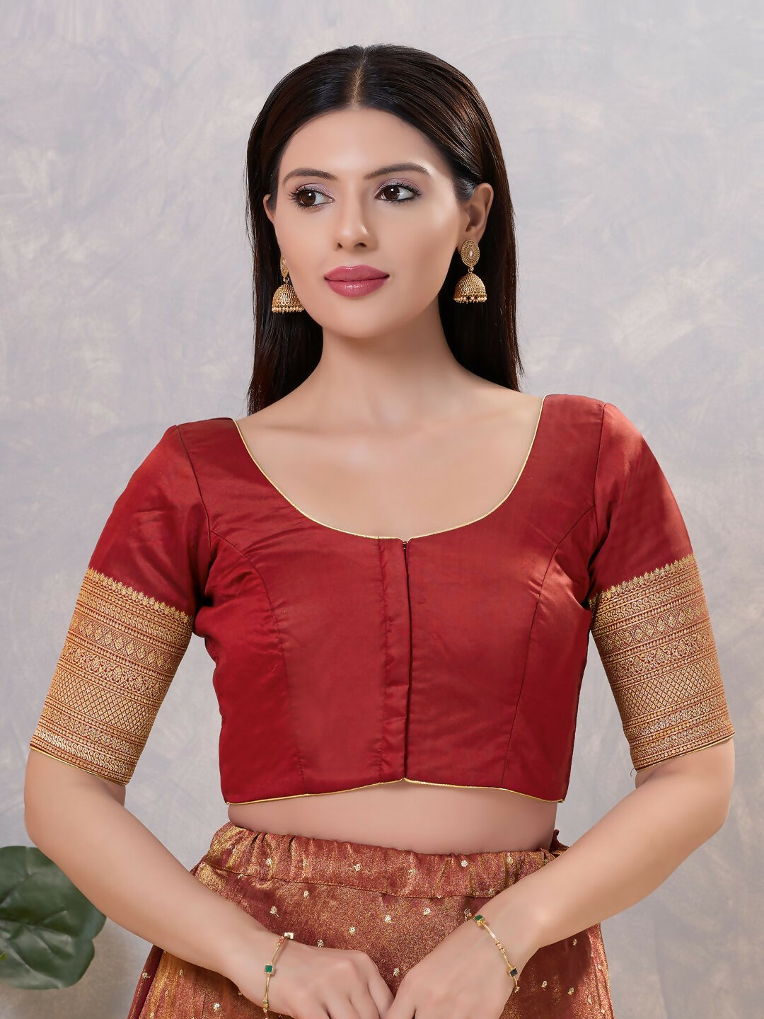 Elegant dark-maroon silk stitched blouse for women, formal ethnic attire