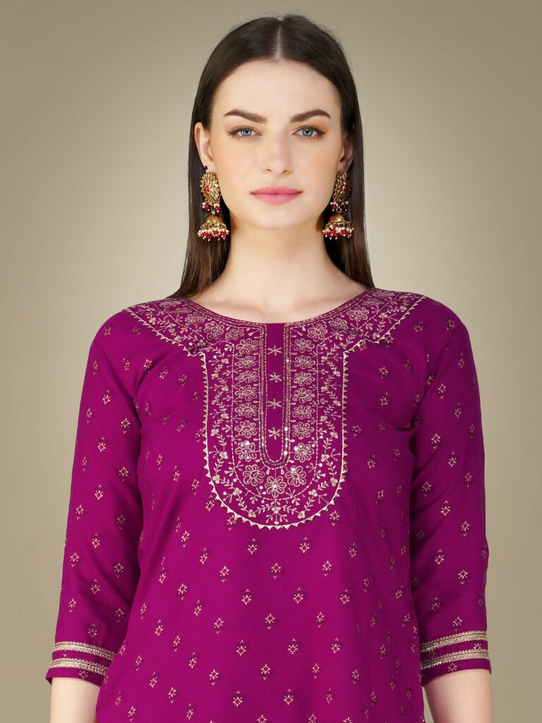 Women's Purple Cotton Magic Slub Straight Kurta Set with Dupatta