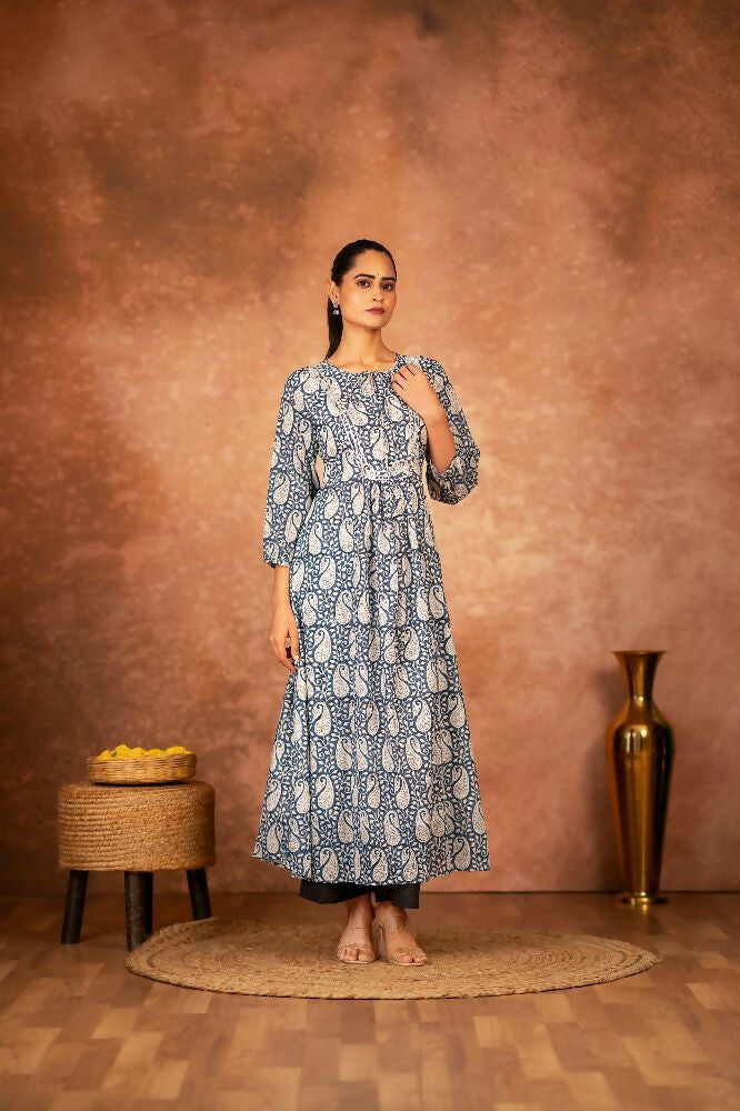 Blue Floral Hand Block Printed Cotton Kurta Pant Set
