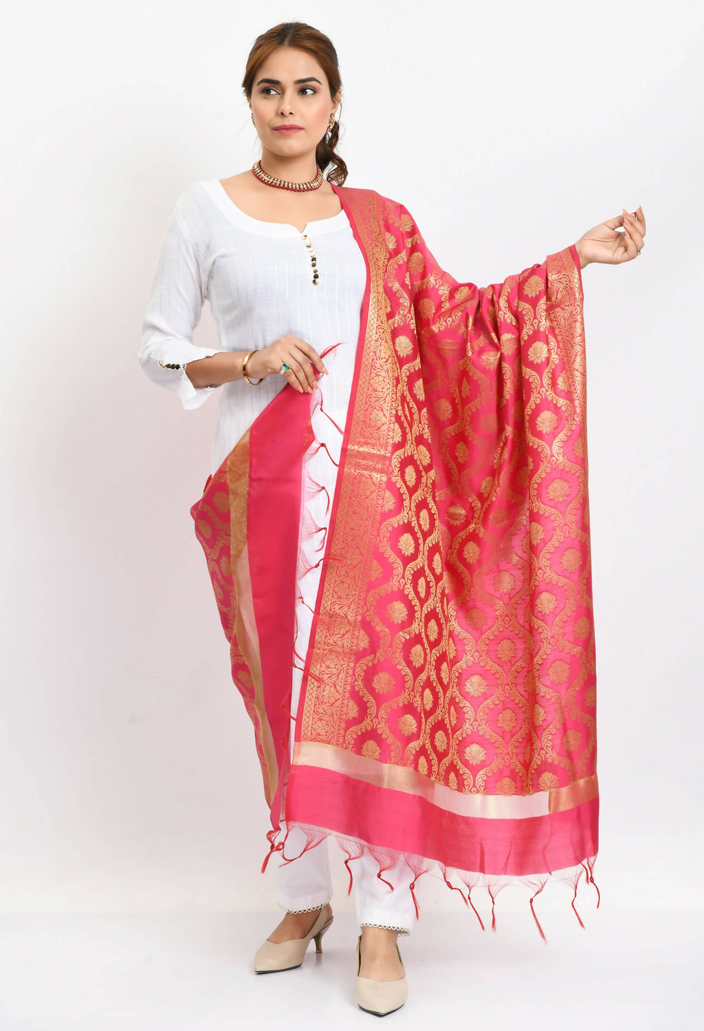 Pink Banarsi Silk dupatta with all-over woven gold design