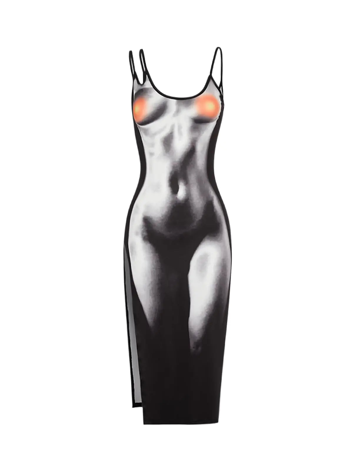 CAPE CLIQUE Sexy 3D Body Print Dress Party Club Dresses for Women Midi Y2K Bodycon Spaghetti Strap Sleeveless High Slit Thermal Heat Grey Small