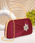 Luxurious maroon satin evening clutch with gold-tone detachable chain strap