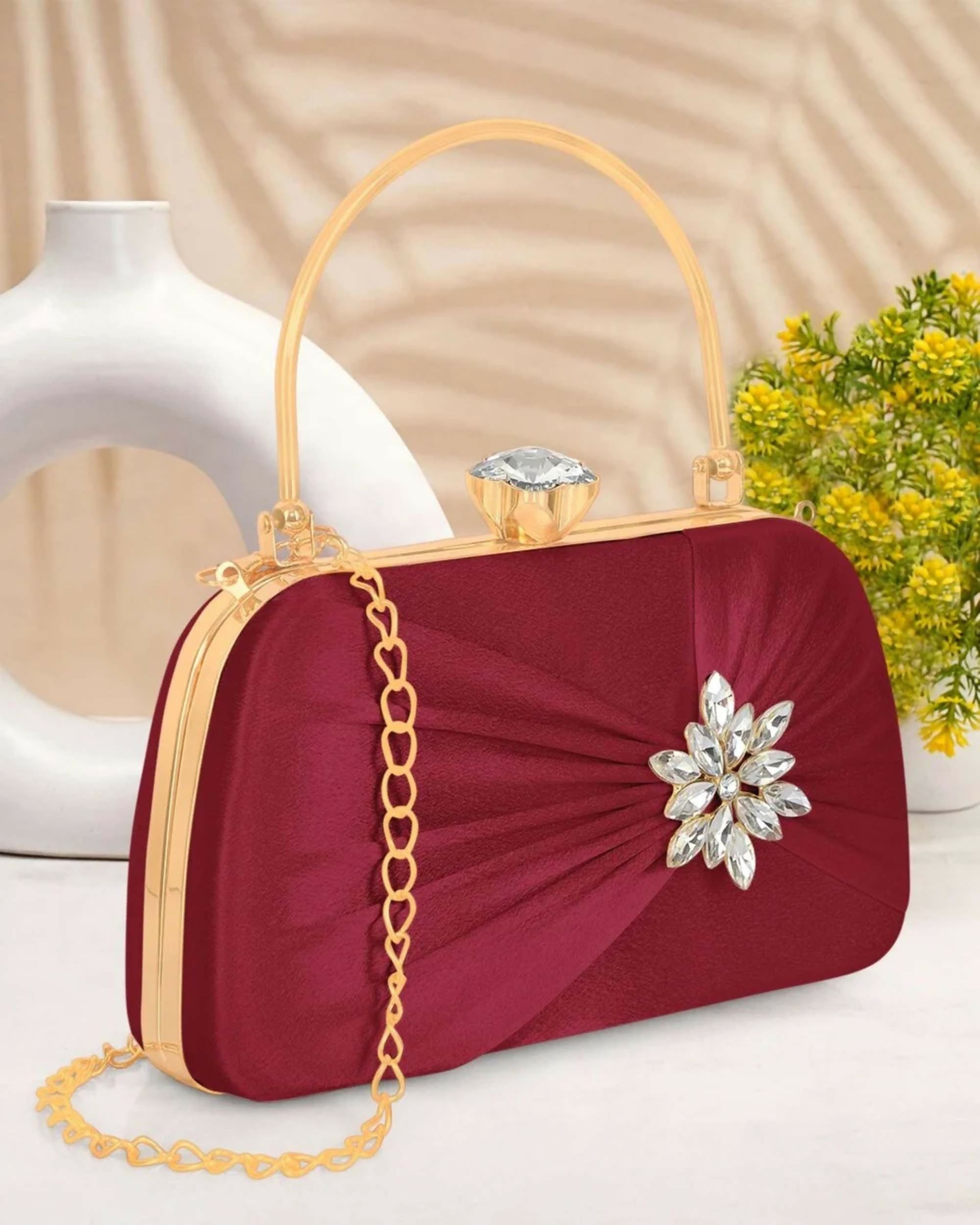 Luxurious maroon satin evening clutch with gold-tone detachable chain strap