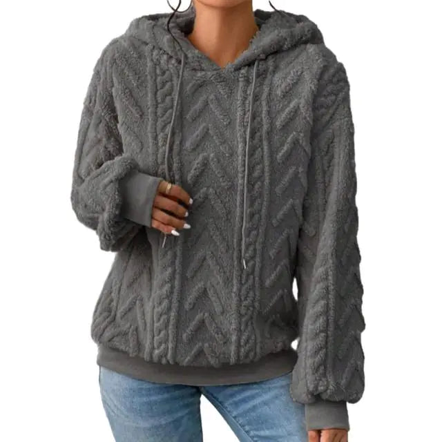 Women's Plush Textured Pullover Hoodie with Drawstring - Image 16