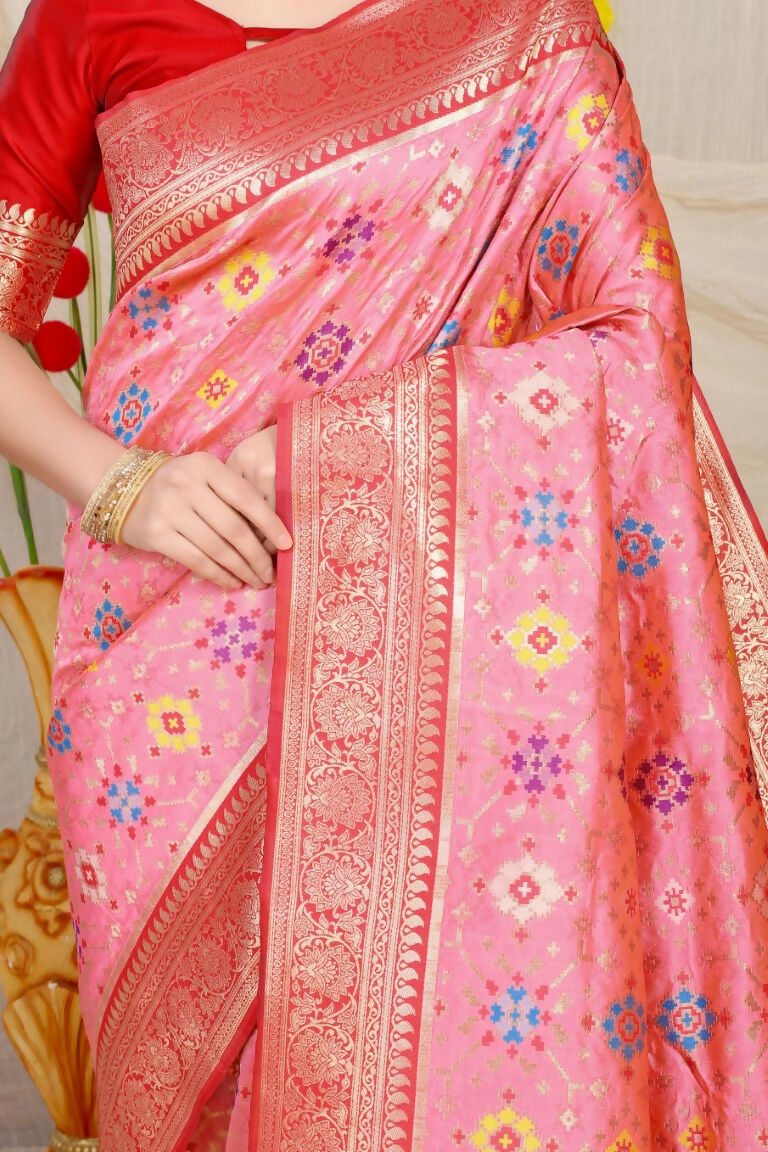 Baby Pink Patola Silk Zari Woven Saree with Contrast Red Blouse