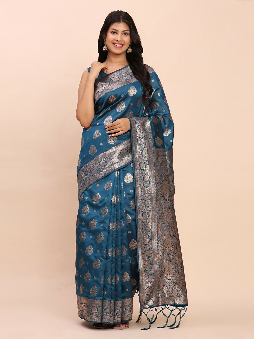 Teal Blue Banarasi Silk Saree with Matching Blouse Piece