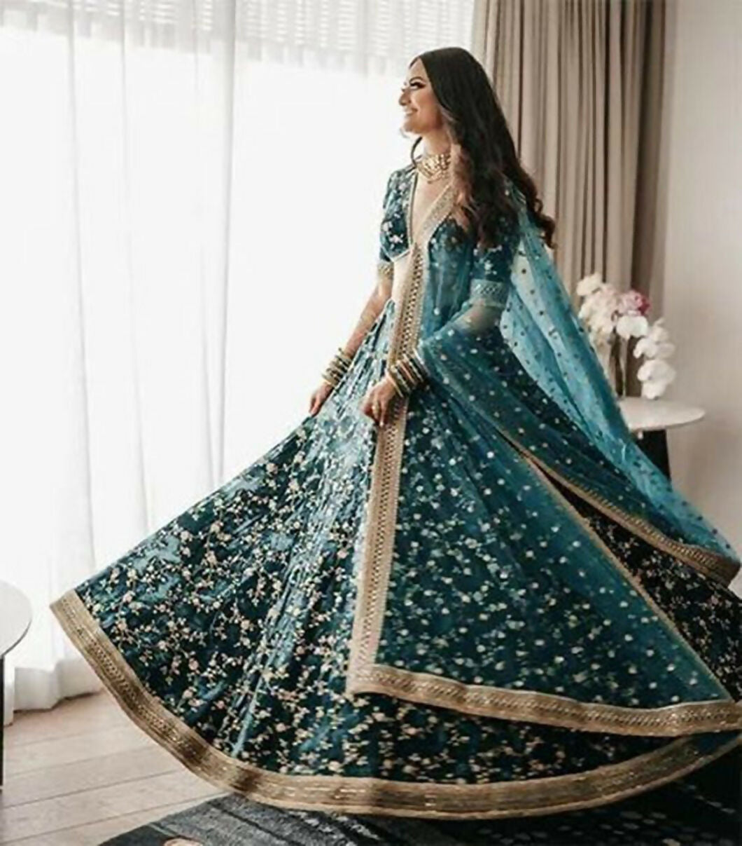 Bottle Green Velvet Lehenga Choli with Cording & Sequins